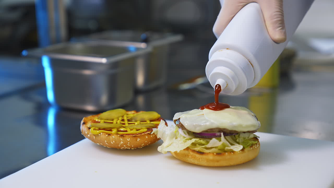 Making hamburger in fast food restaurant. Hand of man smears sauce on a burger and covers with fried bread. Close-up.Tasty burgery ready to eat.