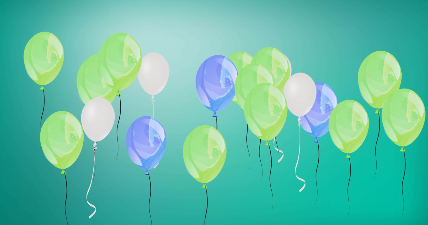 Animazione di palloncini colorati che rimbalzano su sfondo verde