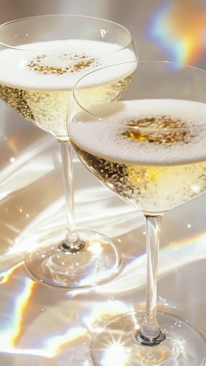 Inquadratura video ravvicinata di due calici di champagne che vengono riempiti, catturando riflessi scintillanti.