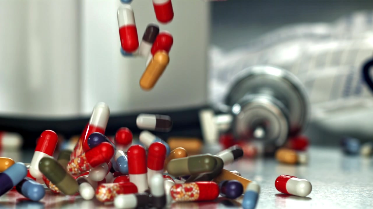 Pillole e capsule colorate che cadono al rallentatore