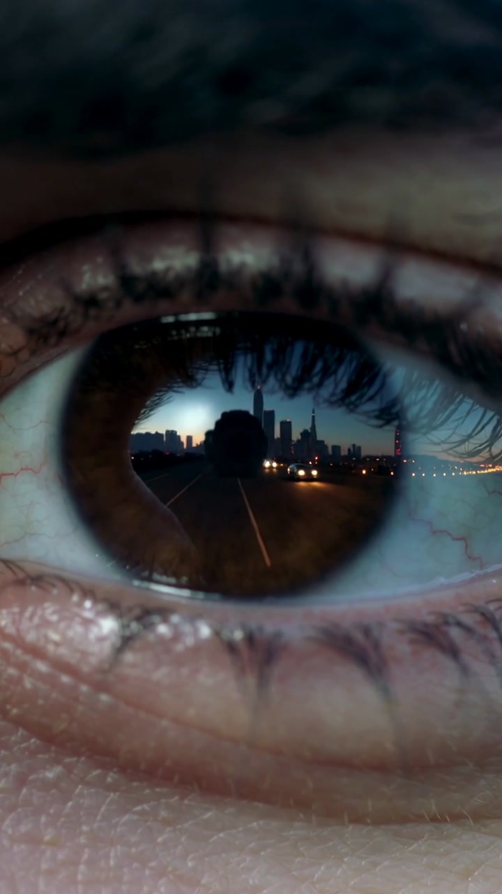 Person holding eye open in close-up, reflected road showing headlights approaching at dawn for film