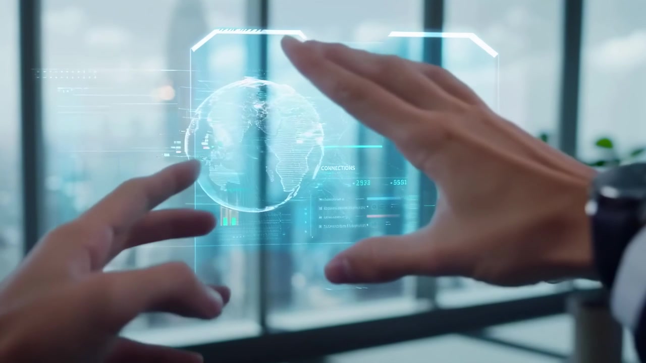Businessman Using Holographic Interface to Analyze Data in Modern Office