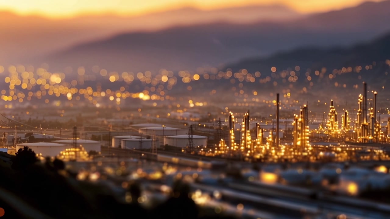 Vue imprenable sur la ligne d'horizon d'une zone industrielle au coucher du soleil, présentant des structures de grande hauteur, des lignes électriques et des installations illuminées reflétant les teintes chaudes du crépuscule.