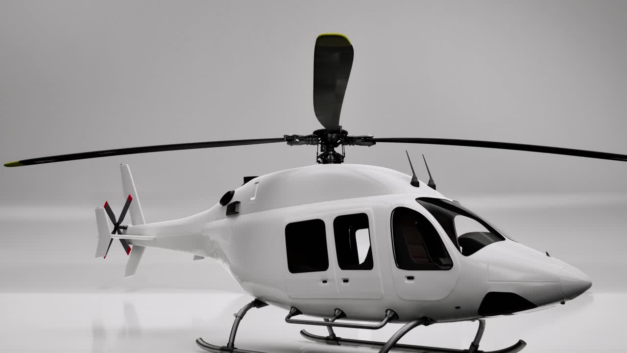 White helicopter 3D model on white background, 3D animation, camera zoom out