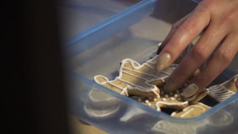 foto de alguien colocando una galleta de jengibre en un recipiente de plástico