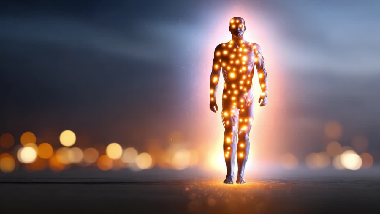 Un’affascinante figura digitale emerge dalla luce, incarnando luce ed energia mentre muove i suoi passi verso l’orizzonte in un contesto sfocato e vibrante.