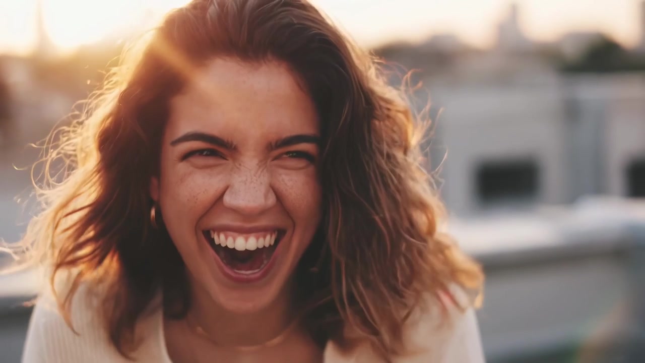 Mujer joven feliz con pecas riendo durante la hora dorada