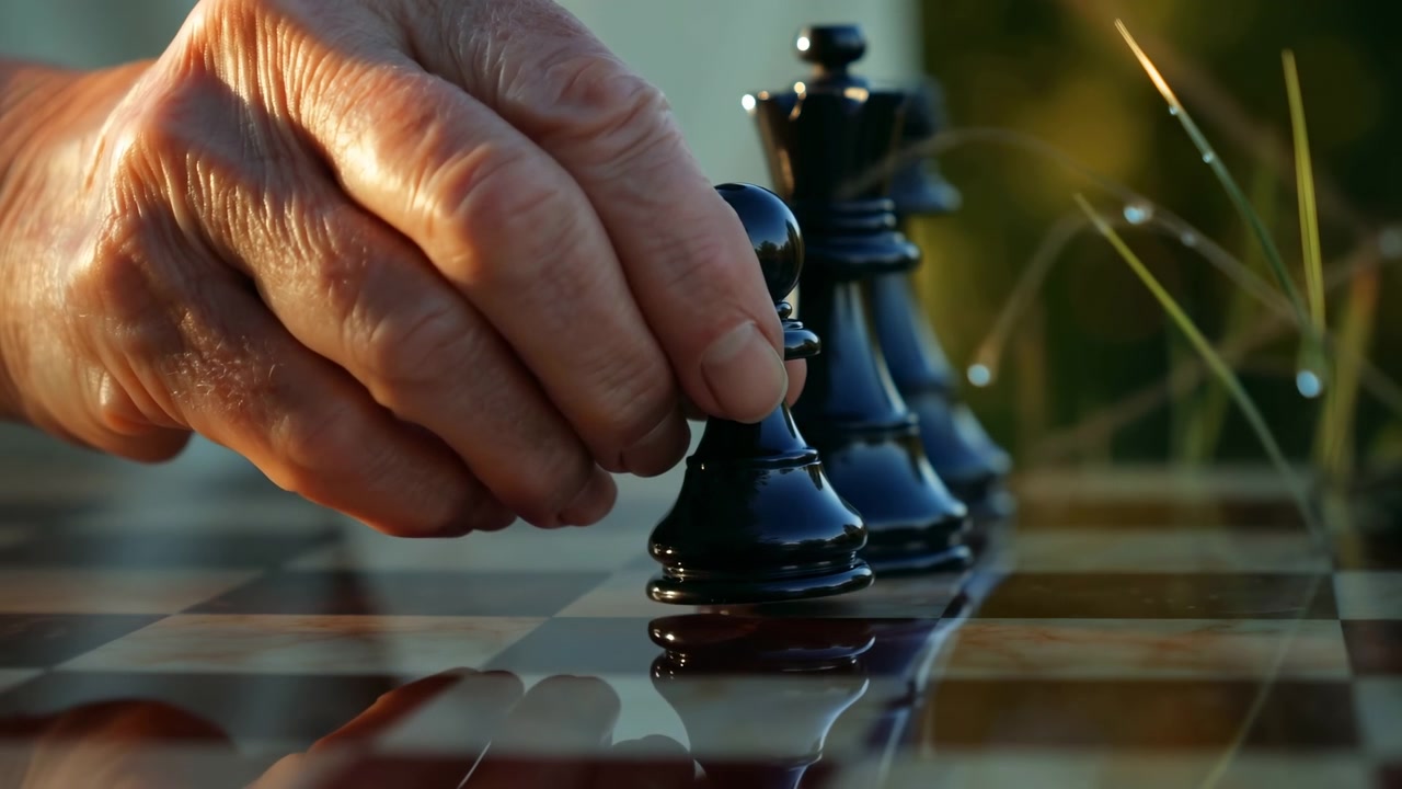 Primo piano di una mano che posiziona un pezzo degli scacchi scuro su una scacchiera riflettente, con luce solare calda, profondità di campo ridotta e uno sfondo sfocato che crea un'atmosfera