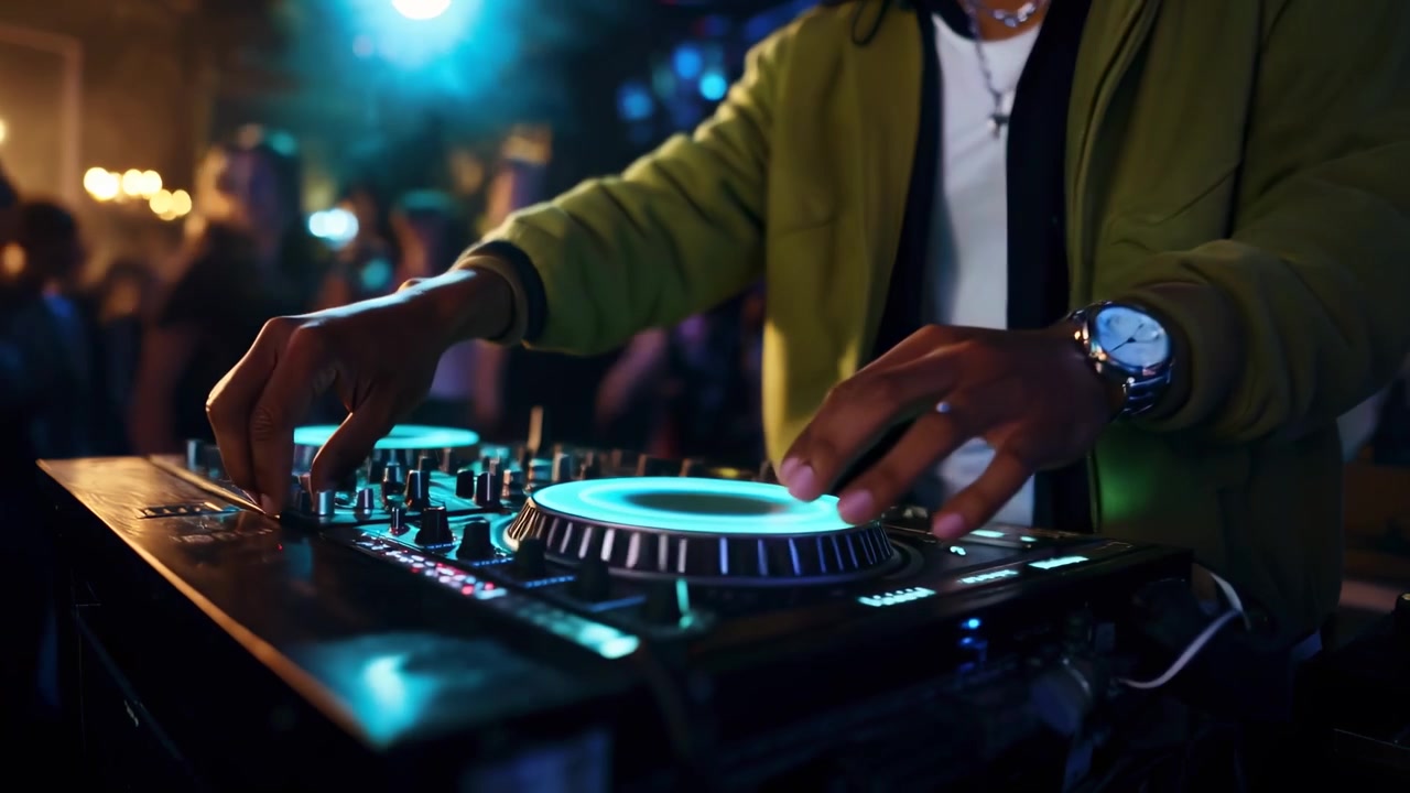 Primo piano delle mani di un DJ che mixano musica su un controller in discoteca