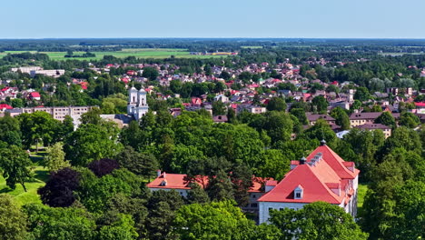 rooftop of biržai castle and township in background, aerial view