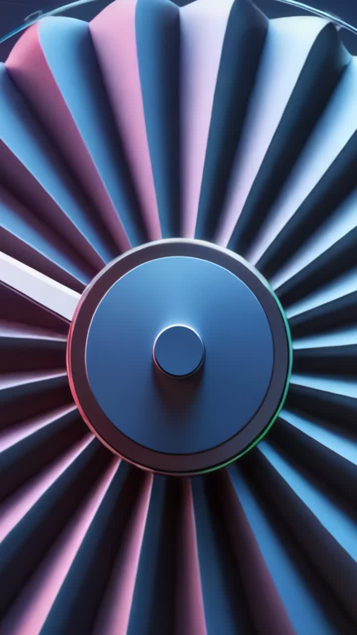 Vertical video: Motor starting turbine fan rotating in pink blue lighting, emphasizing motion