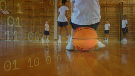 school children practicing basketball in gym, showing animated sports analytics data charts overlay