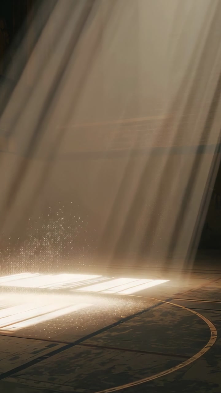 Vertical video: Shining light via window showing dust rising then settling on gym patch court lines