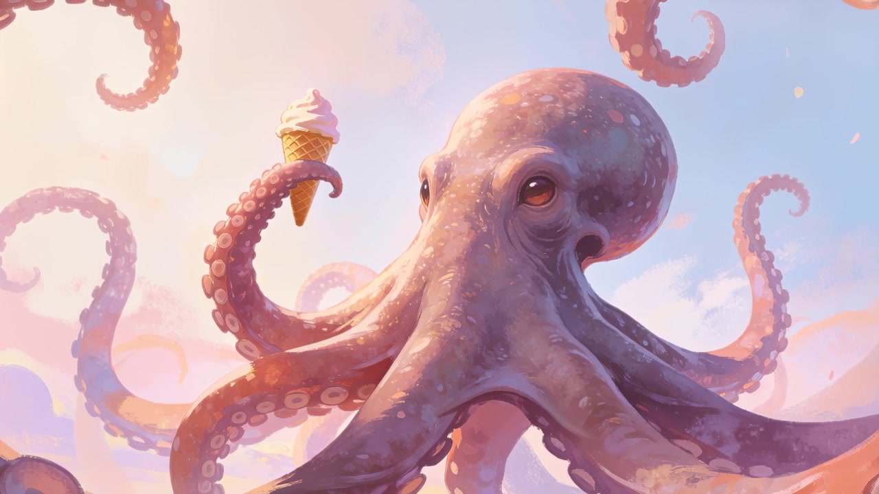 La fotocamera zooma su un polpo che tiene un cono gelato soft, spostando lo sguardo e arricciando i tentacoli in un cielo pastello.
