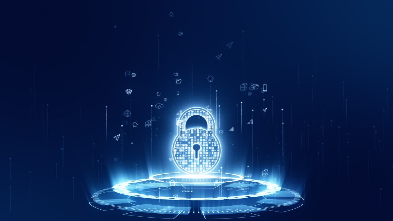 Motion graphic of Blue security Key logo with digital futuristic technology circle rotation and levitation icon on abstract background