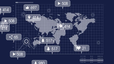 animación de iconos de redes sociales y procesamiento de datos sobre mapa del mundo y fondo azul
