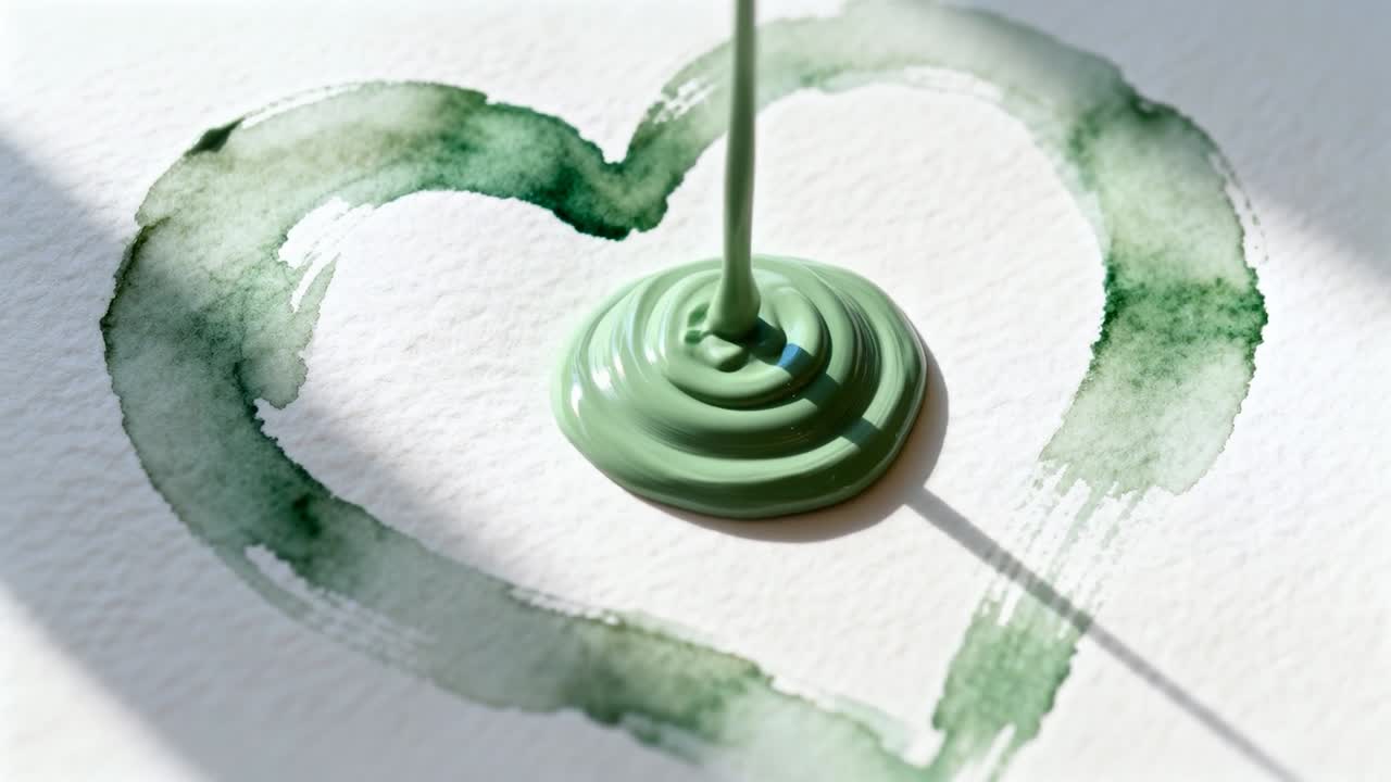 Narrow nozzle pouring viscous green paint into painted green heart on textured paper, forming rings