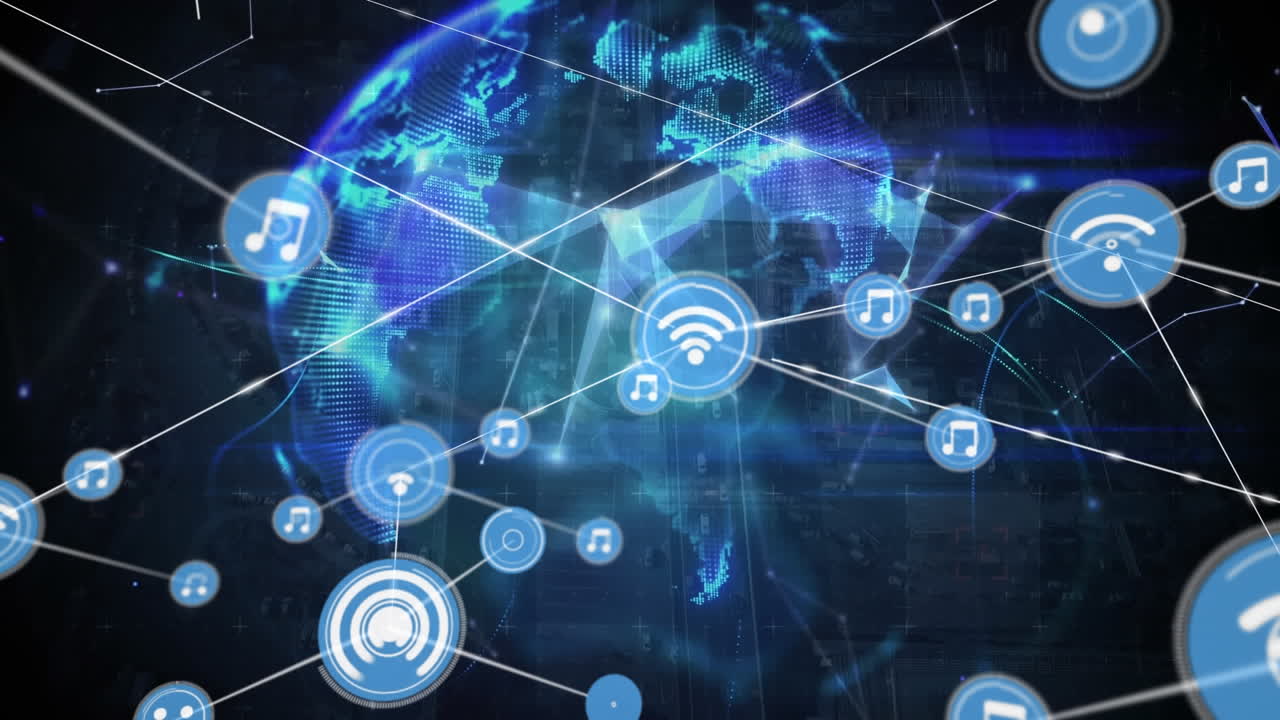 animación de una red de iconos digitales y un globo de redes de plexo frente a una vista aérea del paisaje urbano