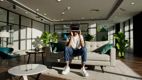 man experiencing virtual reality in a modern office
