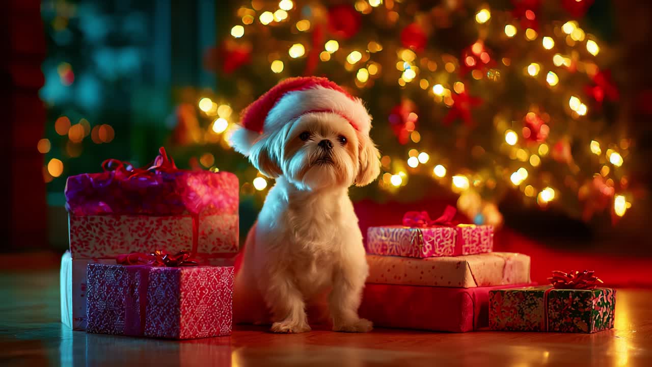 A festive little dog in a Santa hat sits proudly beside beautifully wrapped presents, capturing the essence of the holiday spirit as twinkling lights on a Christmas tree create a magical backdrop