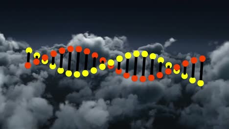 Animation-of-dna-strand-rotating-over-cloudy-sky