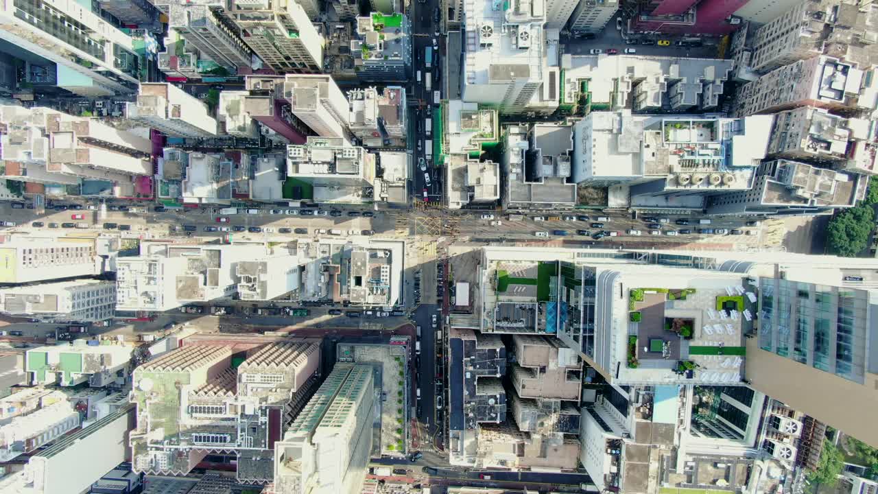 중앙 홍콩, 하향식 교통 및 도시 고층 빌딩의 조감도