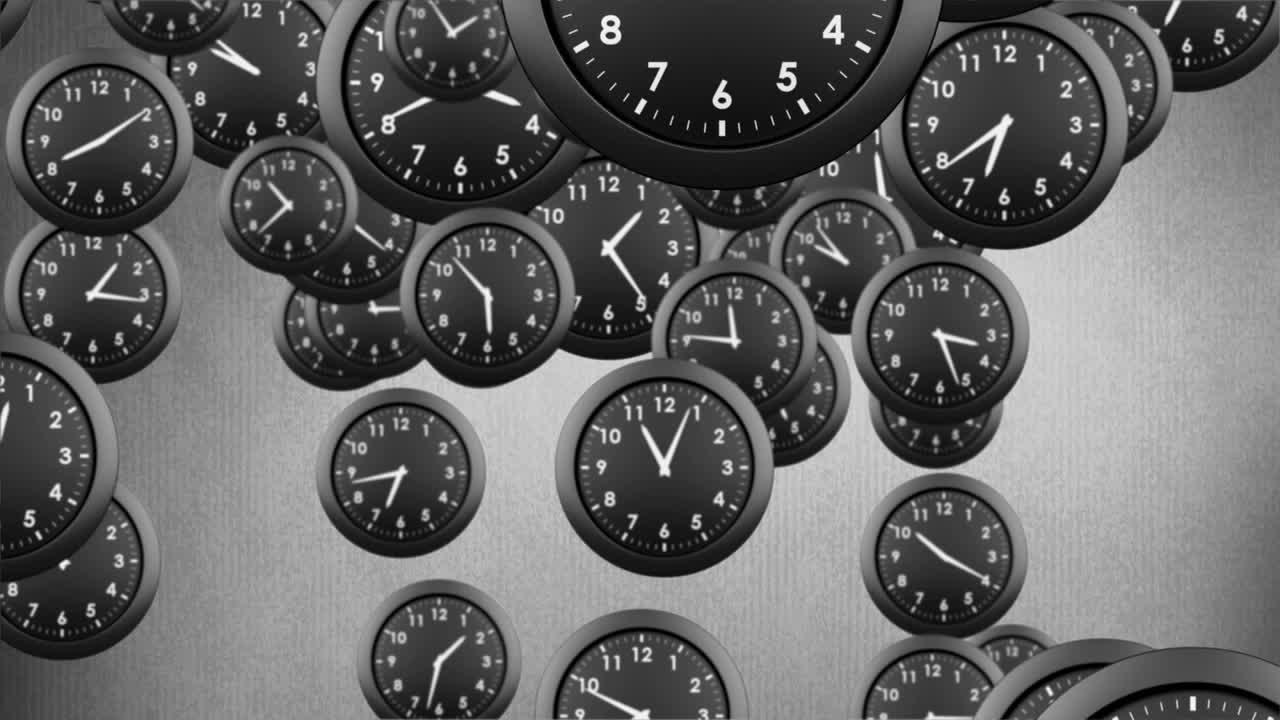 Animation of multiple black and white clock moving fast on grey background