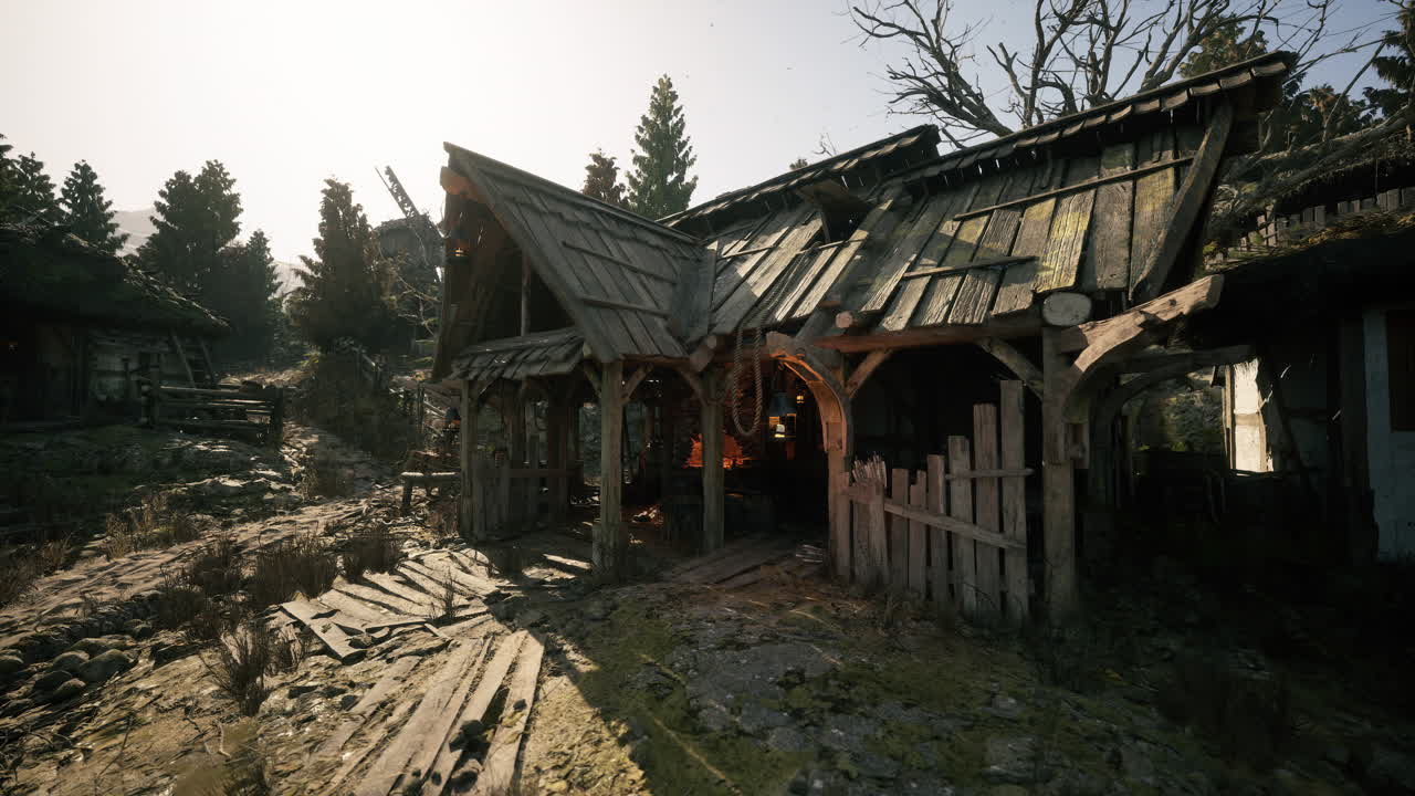 una escena de un pueblo medieval en ruinas