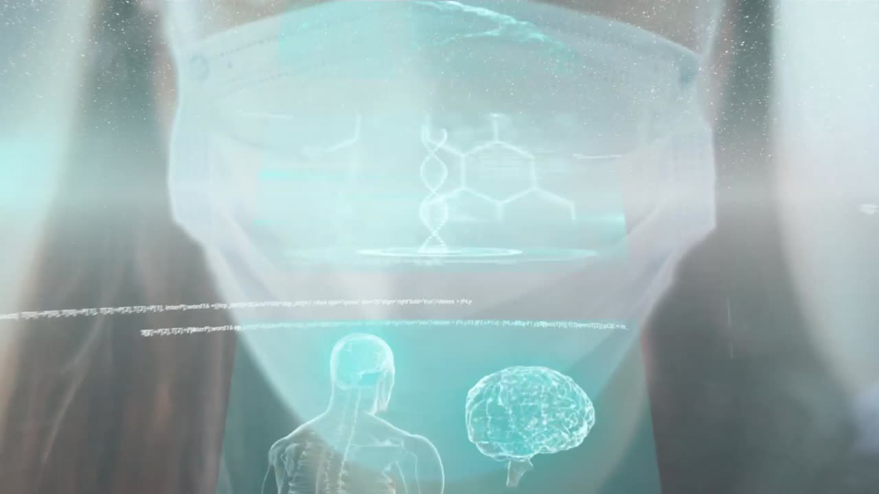 얼굴 마스크를 쓰고 있는 백인 여성에 대한 데이터 처리 애니메이션