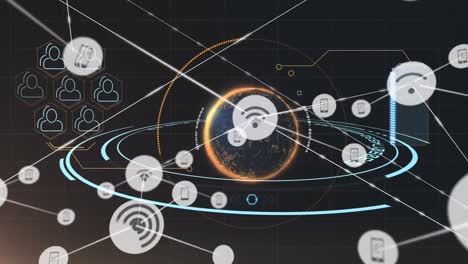 Animation-Des-Verbindungsnetzwerks-über-Scope-Scanning-Und-Globus-Auf-Schwarzem-Hintergrund