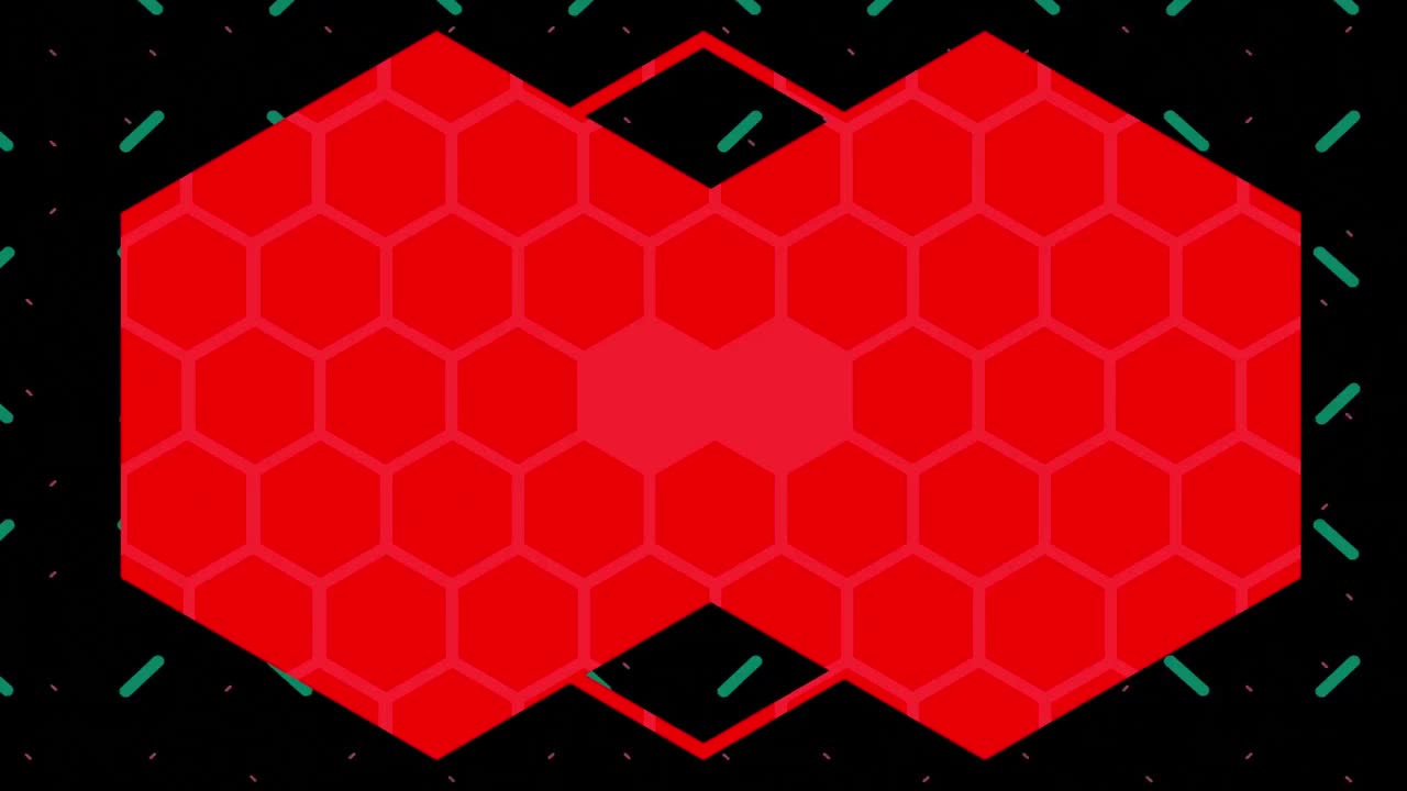 검은 바탕에 박동하는 초록색 그리드 위에  ⁇ 은 육각형
