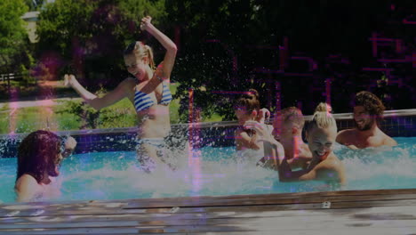 in swimming pool, people splashing water and having fun on sunny day