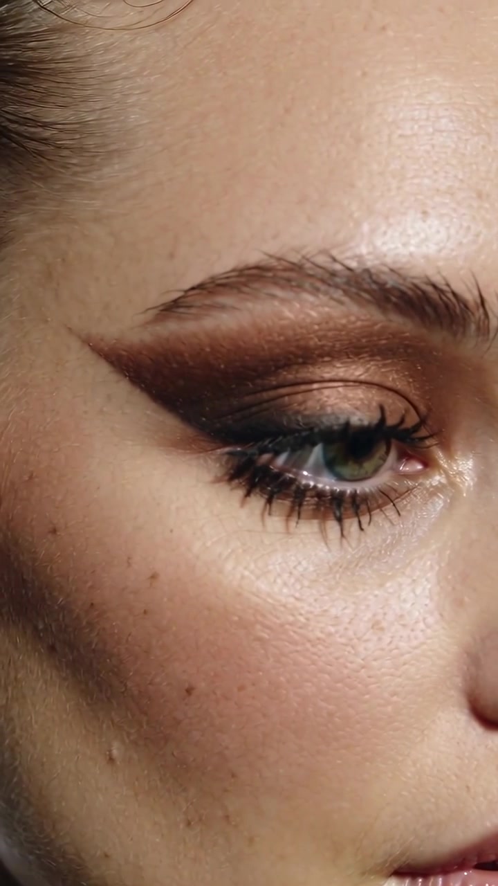 Vertical video: Starting camera tight on woman's eye in studio, moving to showcase bronze eyeshadow