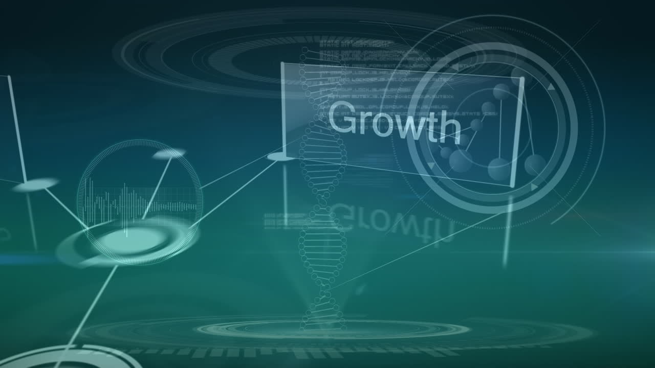 Animation of scientific data, dna, writing and connections over navy and green background