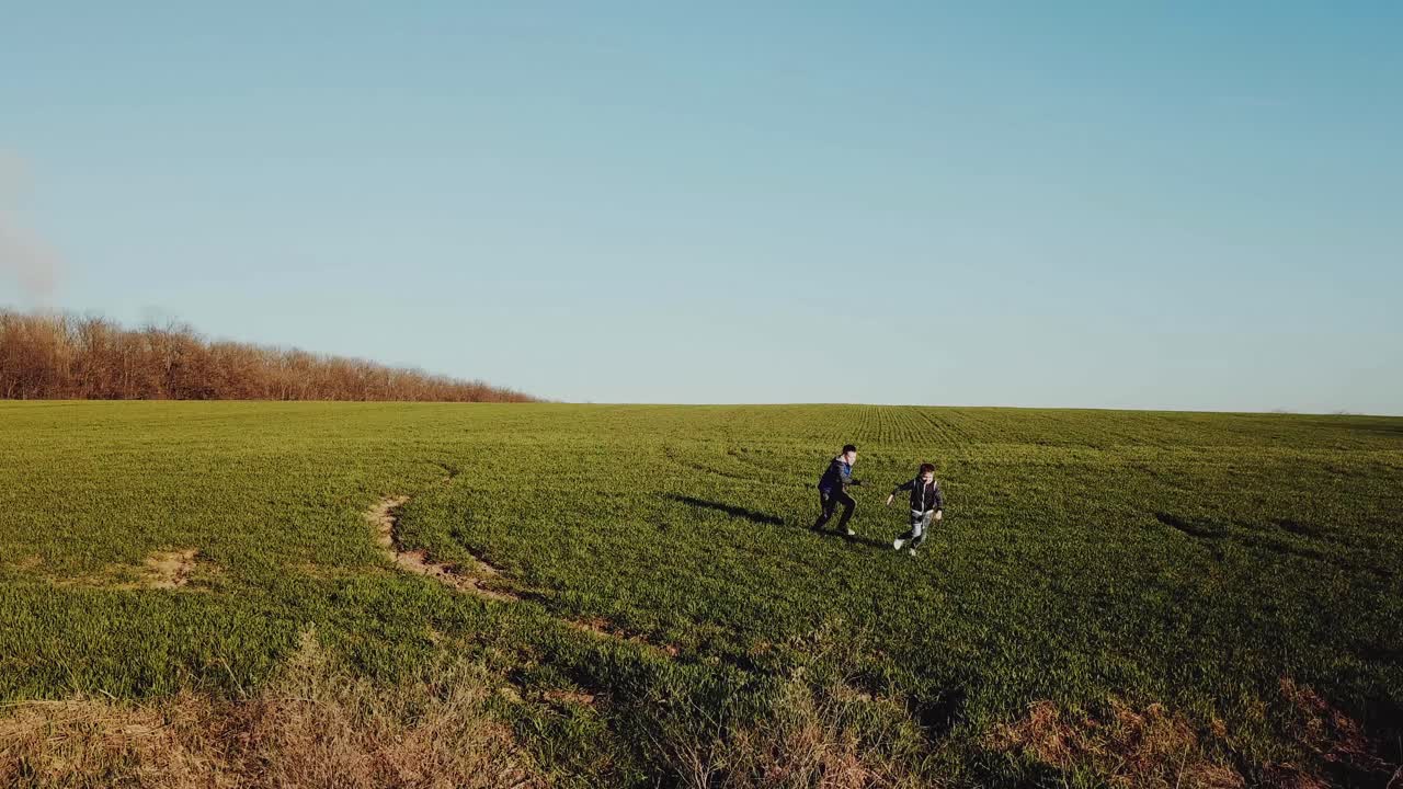 Two happy brothers running together on a beautiful green field. Aerial view