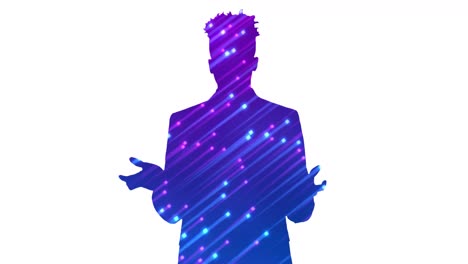 Animation-of-silhouette-of-businessman-talking-with-light-trails-on-white-background