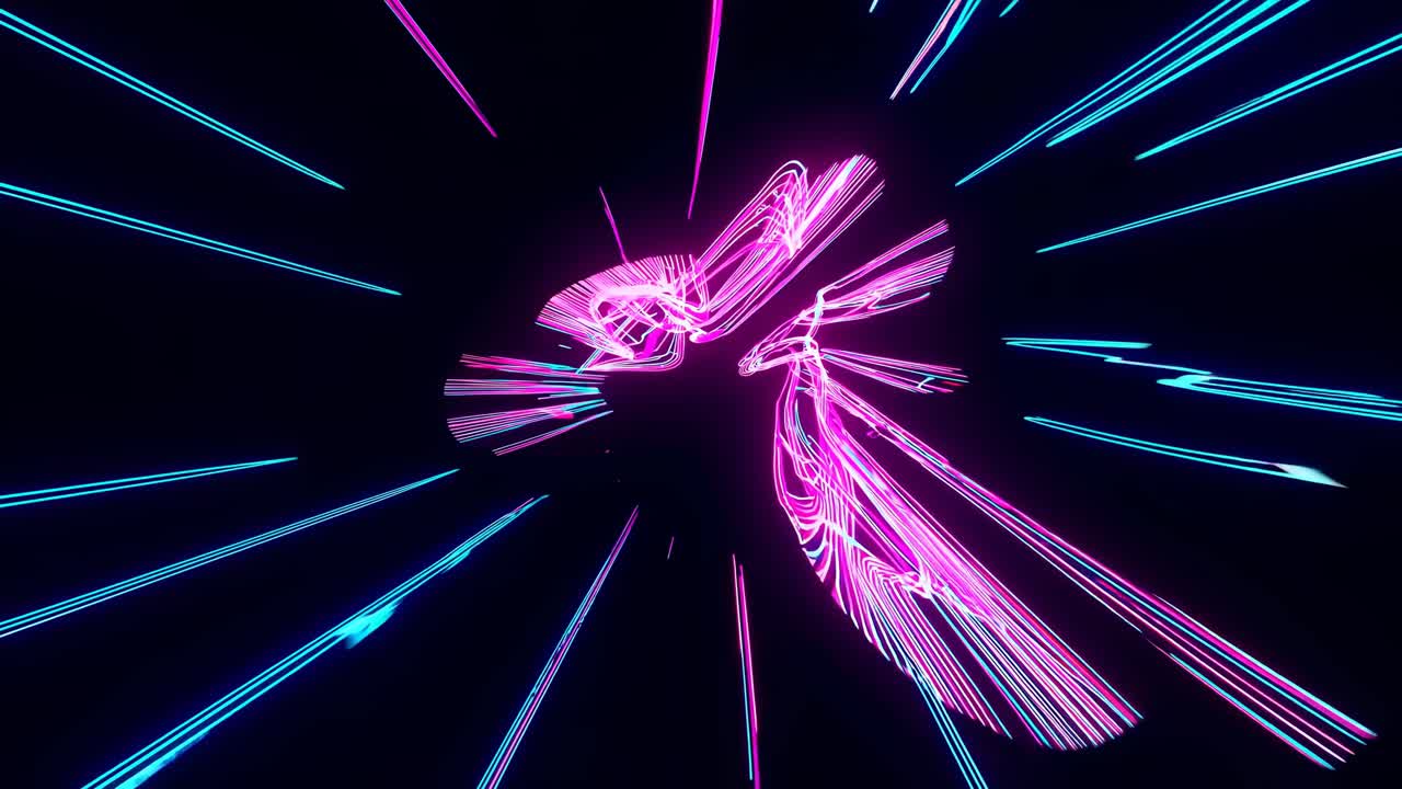 Dynamic neon light trails in blue and pink create a futuristic tunnel effect