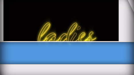 abstract blue shapes over neon yellow ladies text signboard against black background