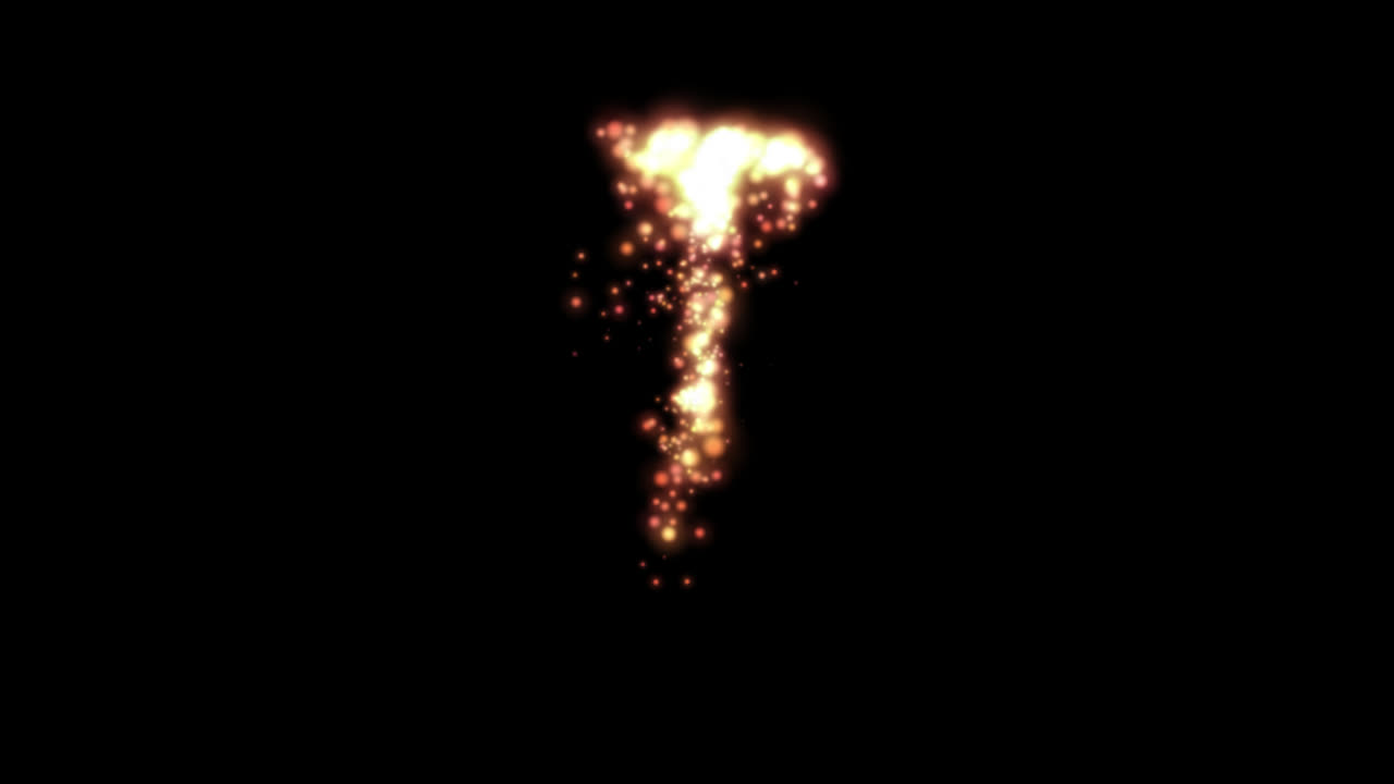 Lettera T di fuoco dorato incandescente su sfondo trasparente