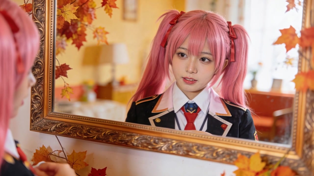 Cosplayer che si sistema la cravatta rossa, guardandosi allo specchio della camera da letto, con una parrucca rosa a due code e un blazer scolastico.