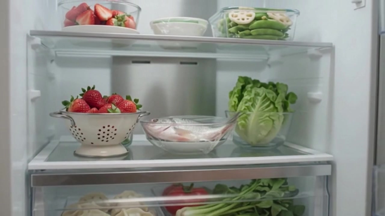 Persona che organizza cibi freschi e ingredienti in un frigorifero