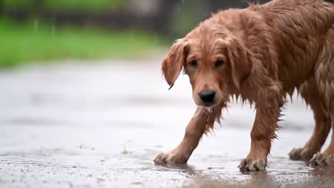 a golden retriever puppy joyfully exploring a rainy day, playfully splashing in puddles while getting soaked and enjoying nature's elements