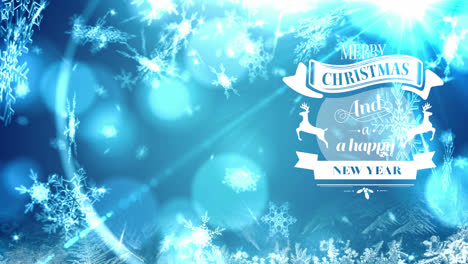 animation of christmas greetings and snow falling over blue background