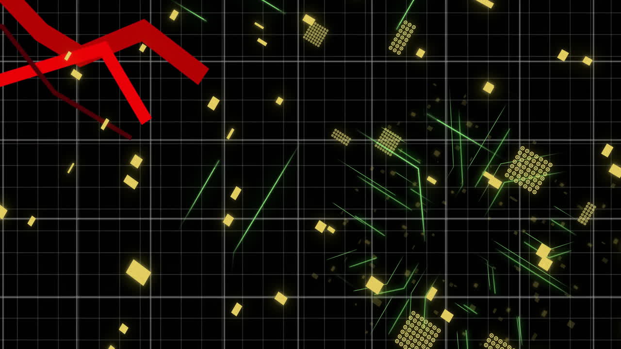 회로판의 애니메이션과 빨간 선을 통해 디지털 데이터 처리