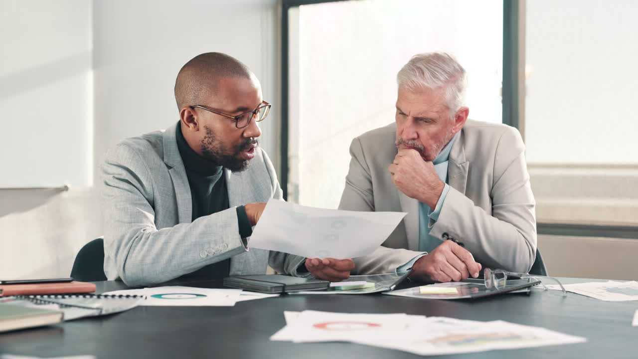 Two businessmen discussing documents in an office meeting