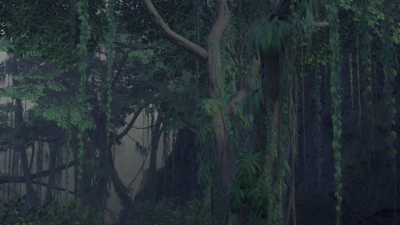 Mysterious jungle landscape shrouded in mist and lush greenery at dawn