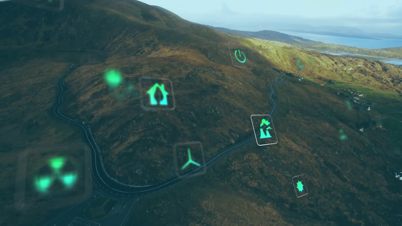 Drone gliding over hillside, green icons appearing drifting rotating fading showing energy metrics