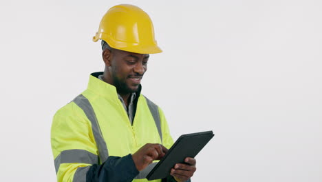 retrato, hombre y trabajador de la construcción con tableta