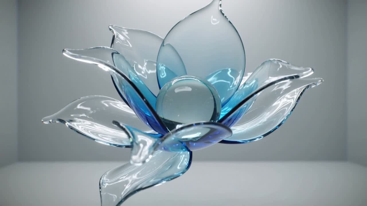 Camera approach starting blue glass lotus rotating in small studio, showing clear orb on pale stand