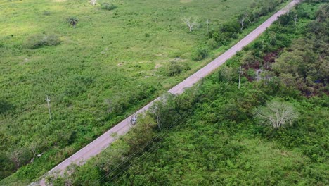 Luftverfolgung-Von-Zwei-Fahrzeugen,-Die-Auf-Einer-Leeren-Straße-Durch-Die-üppigen-Grünen-Felder-Und-Den-Wald-Von-Mexiko-Fahren